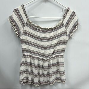 Harper M Heritage Off The Shoulder Smocked Ruffled Striped Peasant Blouse Top